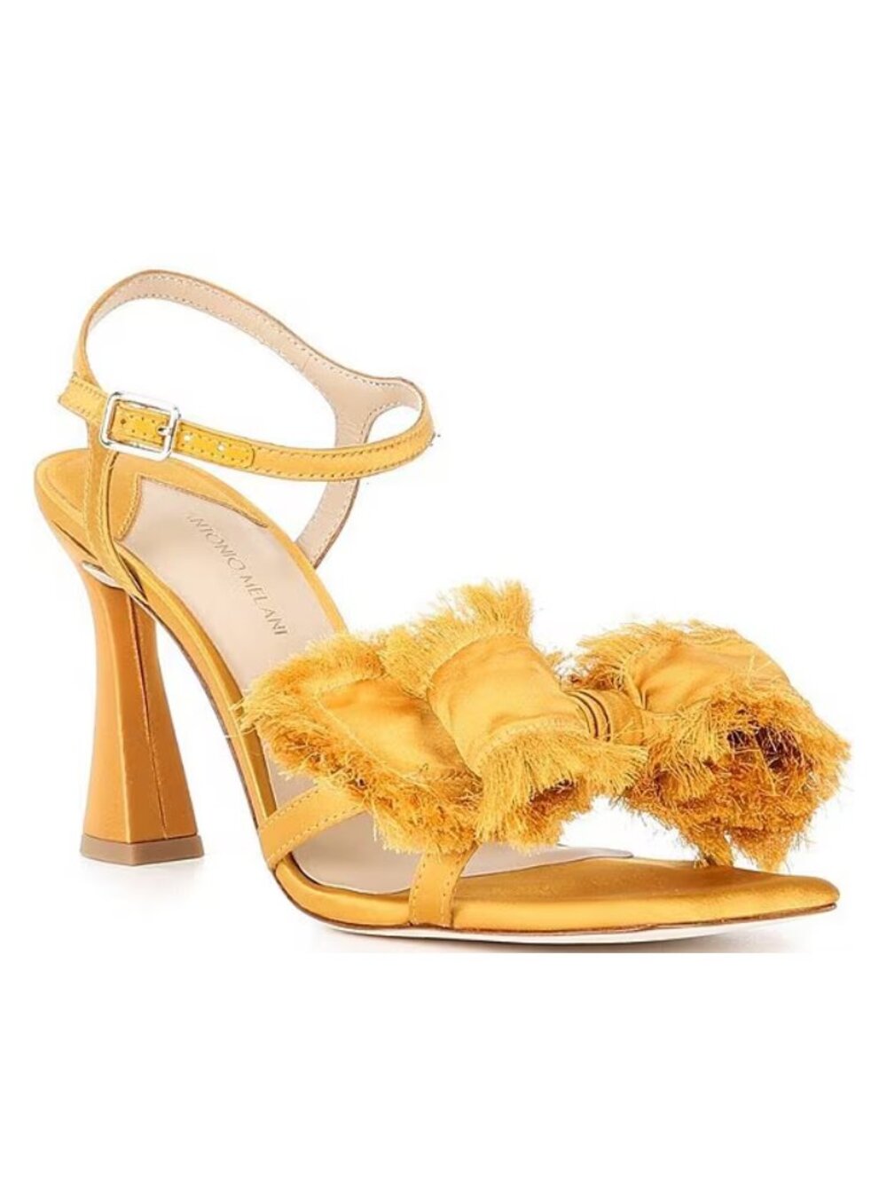 Antonio Melani Zora Satin Frayed Bow Dress Sandals in Golden Apple Sz 5 NEW